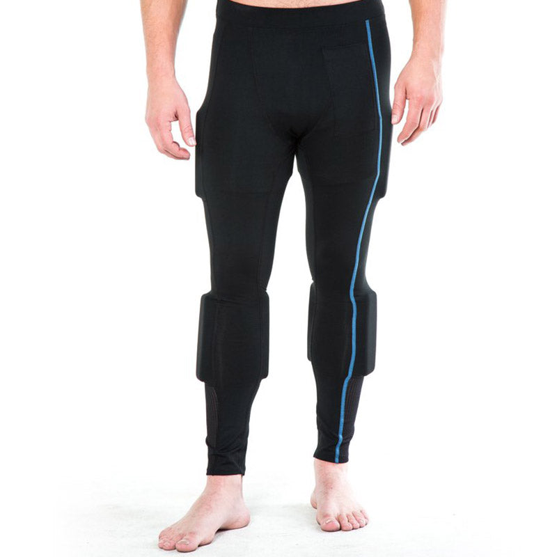 image showing the man  wearing the black full length tights showing the electric blue stitch down the left leg and showing weights on the quads and calves