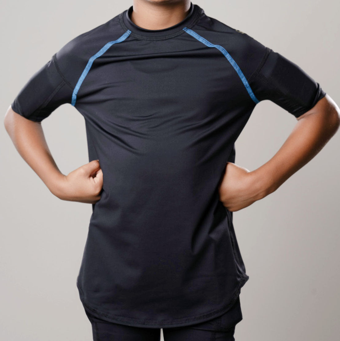 Black short sleeve training top for boys with integrated bicep weights, designed for muscle engagement and strength enhancement.