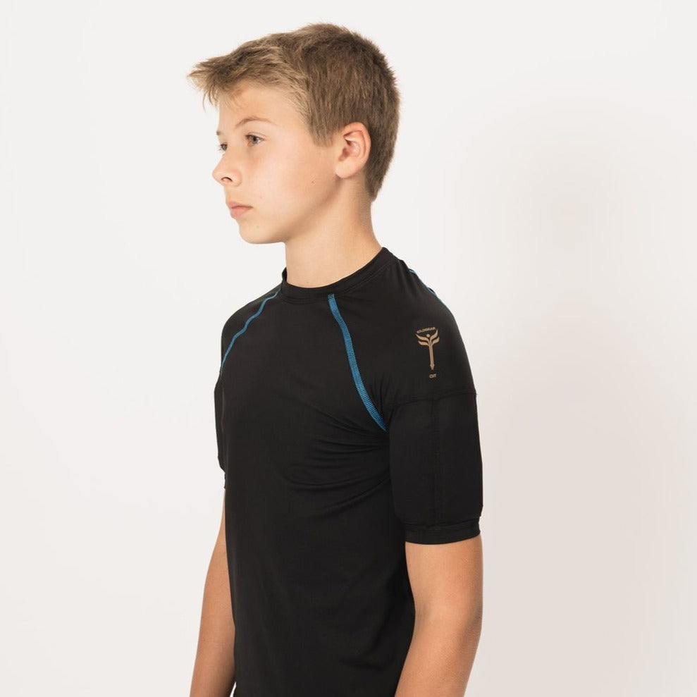 Black short sleeve training top for boys with integrated bicep weights, designed for muscle engagement and strength enhancement.