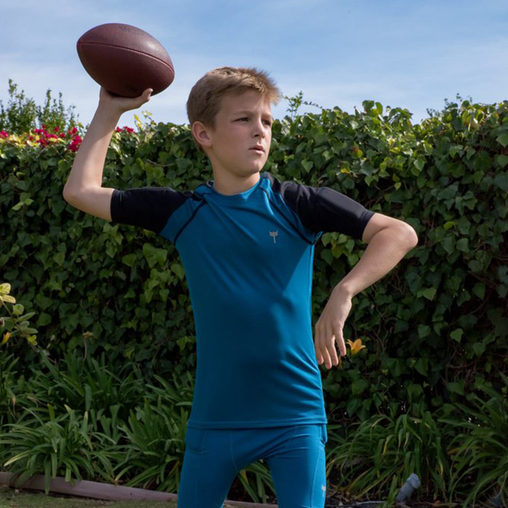 Blue short sleeve training top for boys with integrated bicep weights, designed for muscle engagement and strength enhancement.