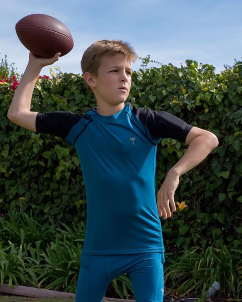 Blue short sleeve training top for boys with integrated bicep weights, designed for muscle engagement and strength enhancement.