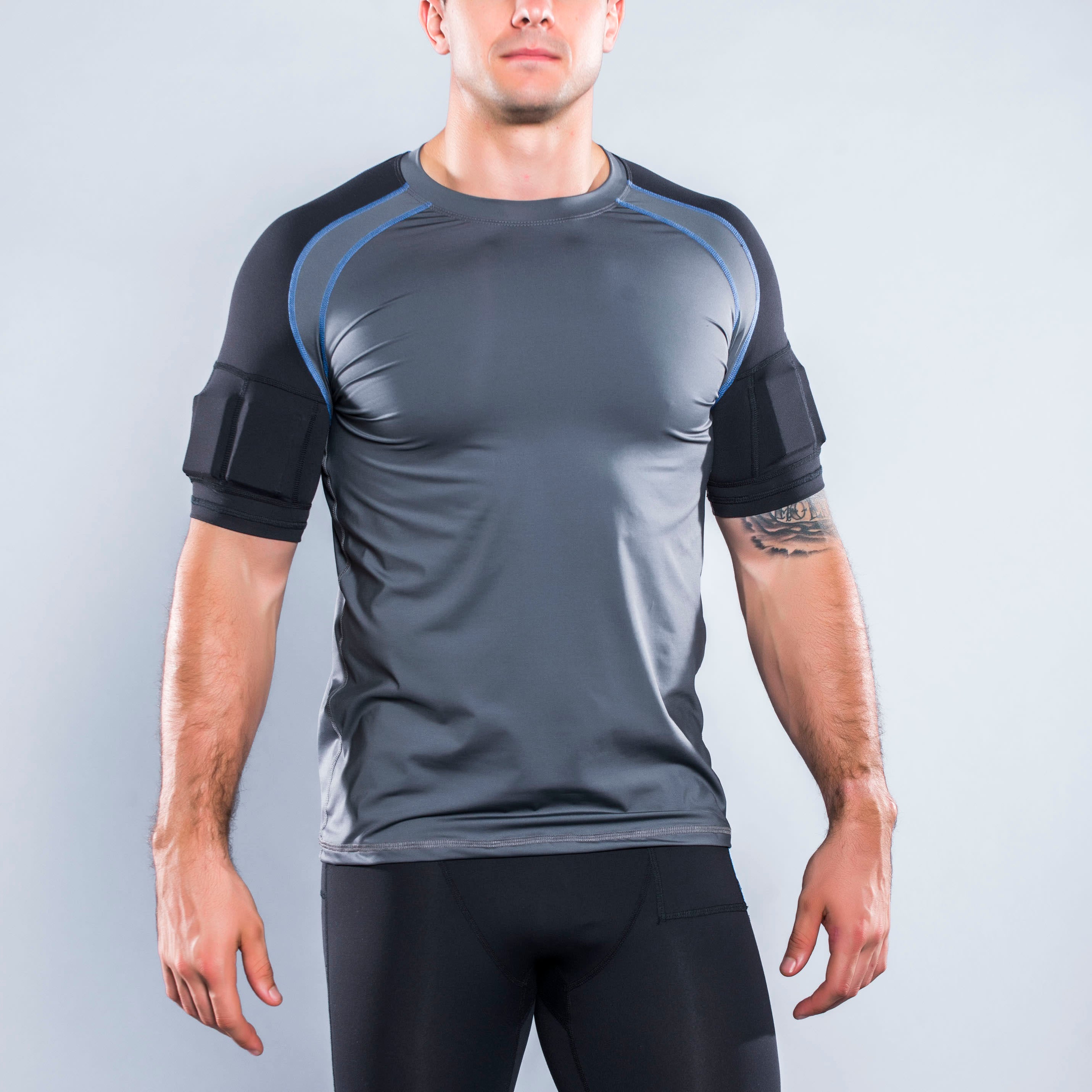 Men's weighted gray and black short sleeve shirt with weights on the arm