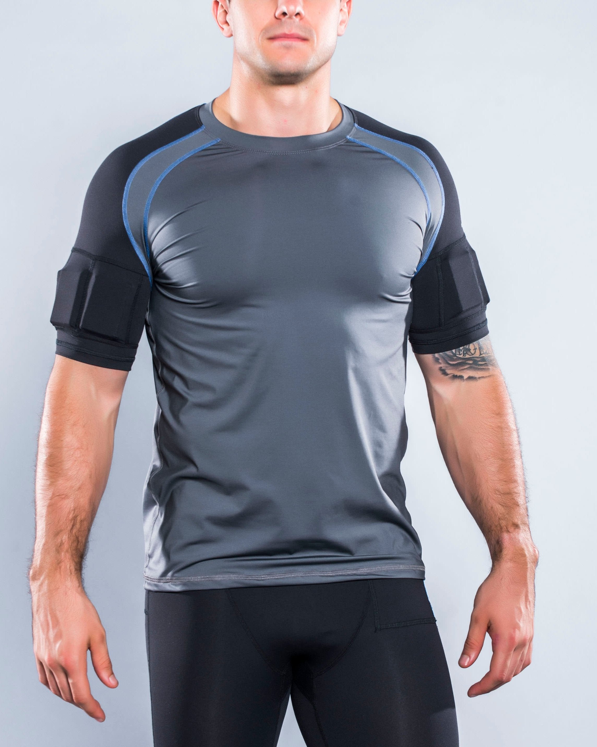 Men's weighted gray and black short sleeve shirt with weights on the arm