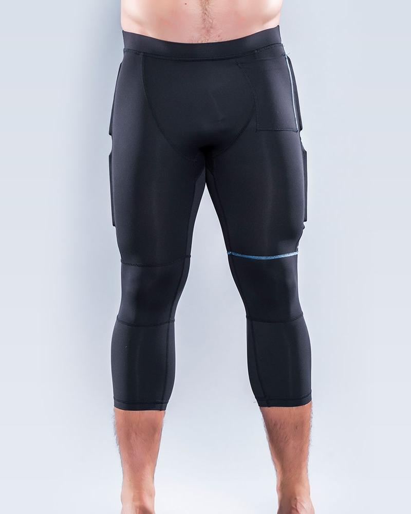 Image showing man wearing the quarter tights, that stop just after thee knee in the middle of the calf. There is a blue stitch that runs horizontally across the left thigh. Weights are loaded on the side quads