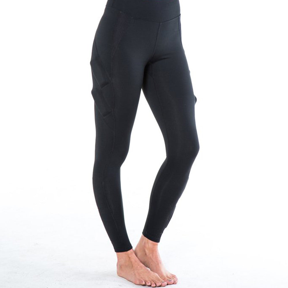 Image showing black legging with high waist and four weight pockets down the leg. The two upper weight pockets above the knee are on an angle, while the two weight pockets below the knee are vertical. The weights are around 3x4 inches.