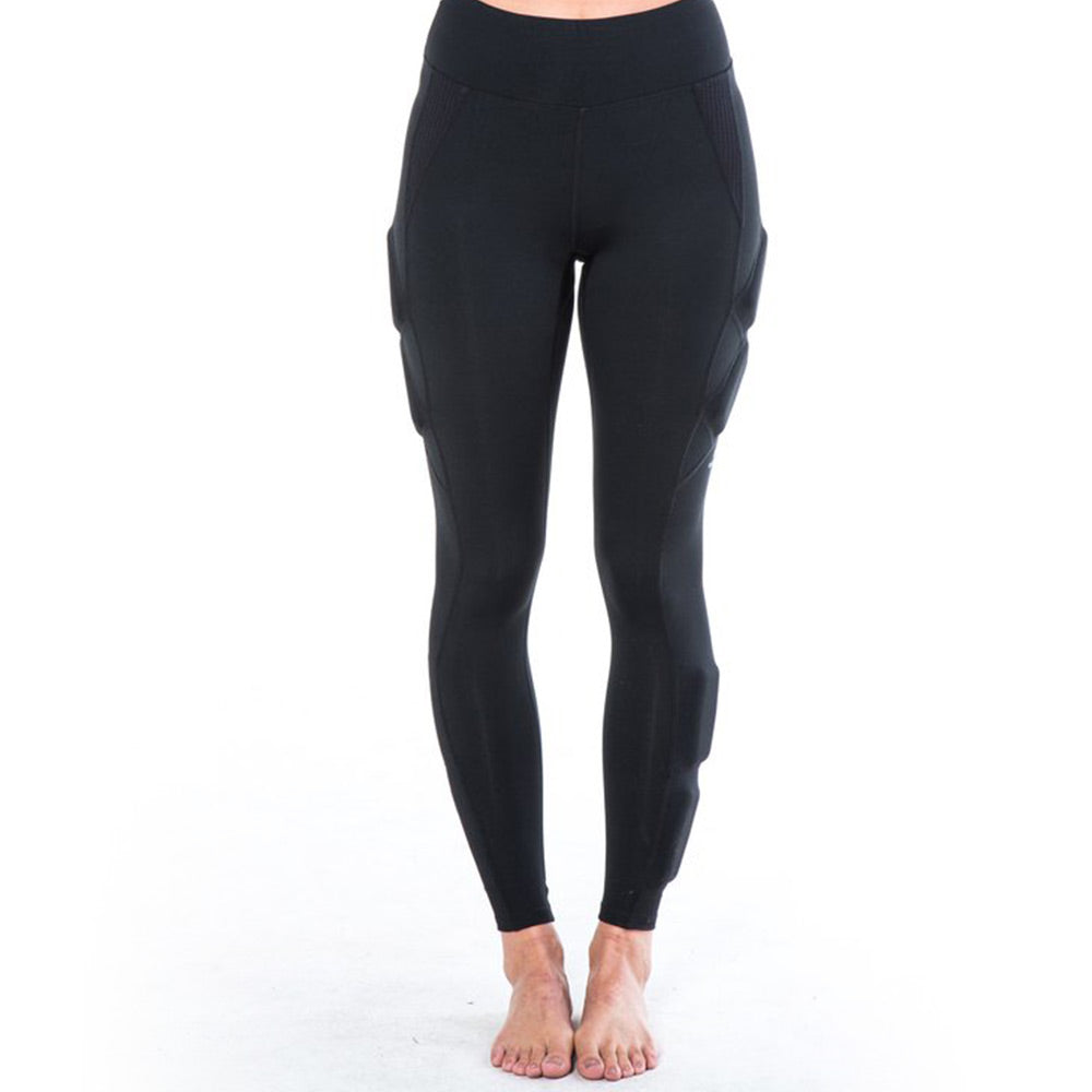 Front view. Image showing black legging with high waist and four weight pockets down the leg. The two upper weight pockets above the knee are on an angle, while the two weight pockets below the knee are vertical. The weights are around 3x4 inches.
