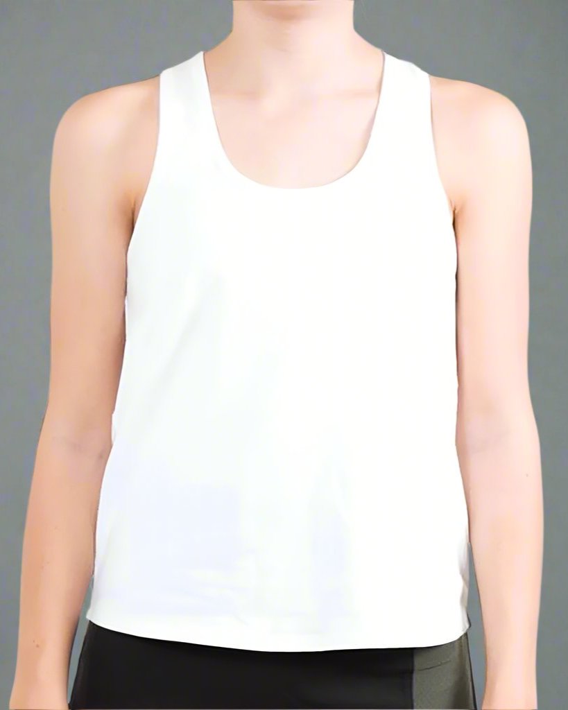 Girl wearing white tank top with her arms to the side. Tank has scoop neck.