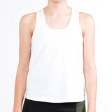 Girl wearing white tank top with her arms to the side. Tank has scoop neck.
