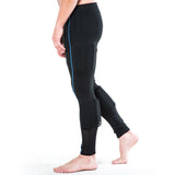 side view image showing the man wearing the black full length tights showing the electric blue stitch down the left leg and showing weights on the quads and calves