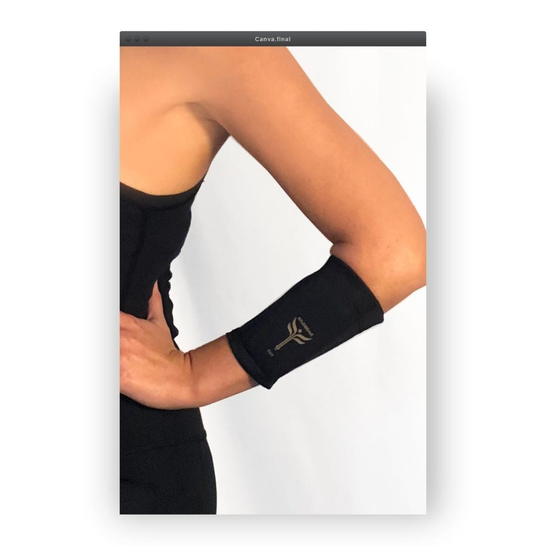 Picture showing weighted arm band on the forearm, hand on the hip.