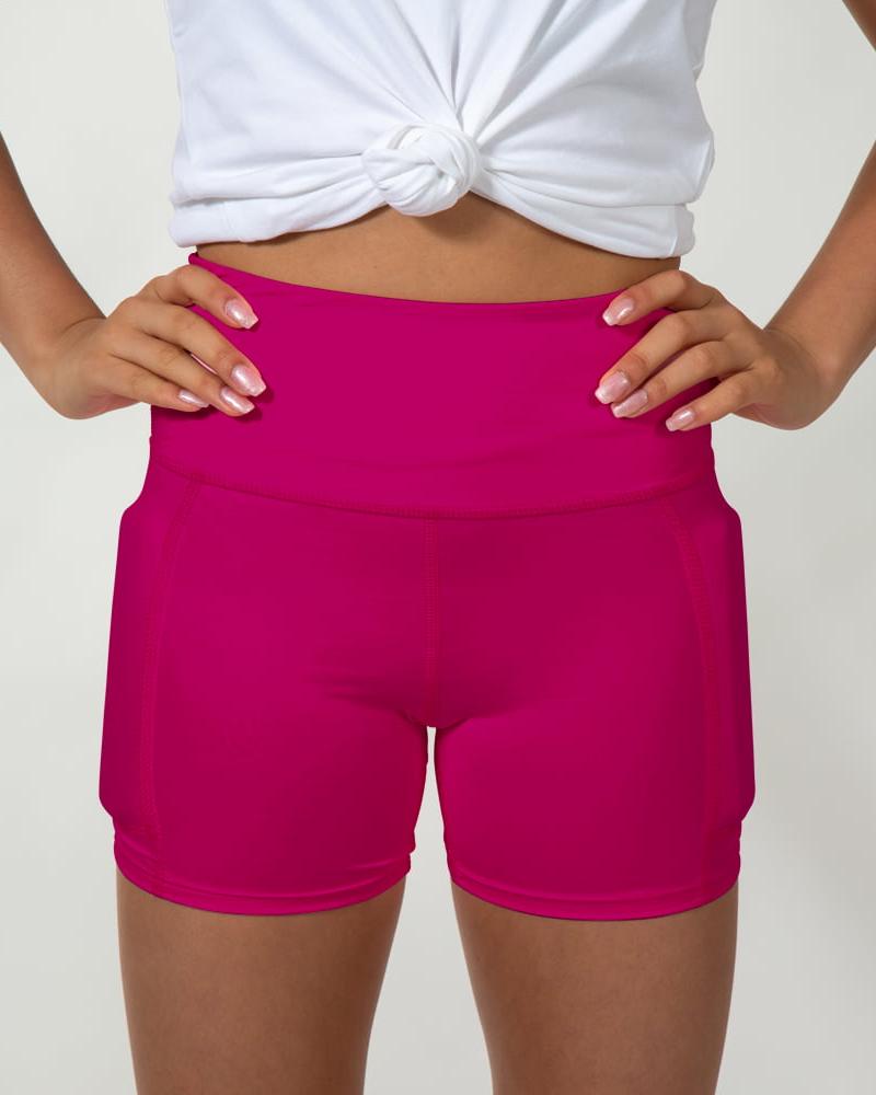 front view of the hot pink weighted shorts with the weights on the side of the leg