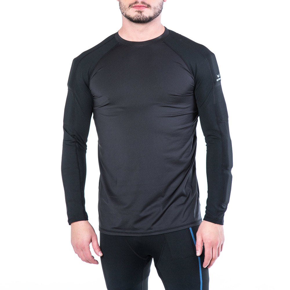Man wearing black long sleeve with weights loaded in the inside bicep and forearm pockets