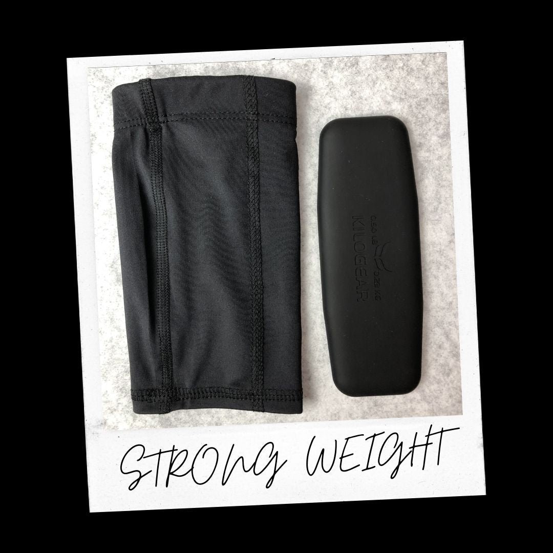 Polaroid picture showing the leg band in black, next to the Strong weight that goes into the leg bands. Side by side image with the words strong weight, under the image.