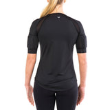 Back of women's black short sleeve weighted shirt showing logo at the top of the neck