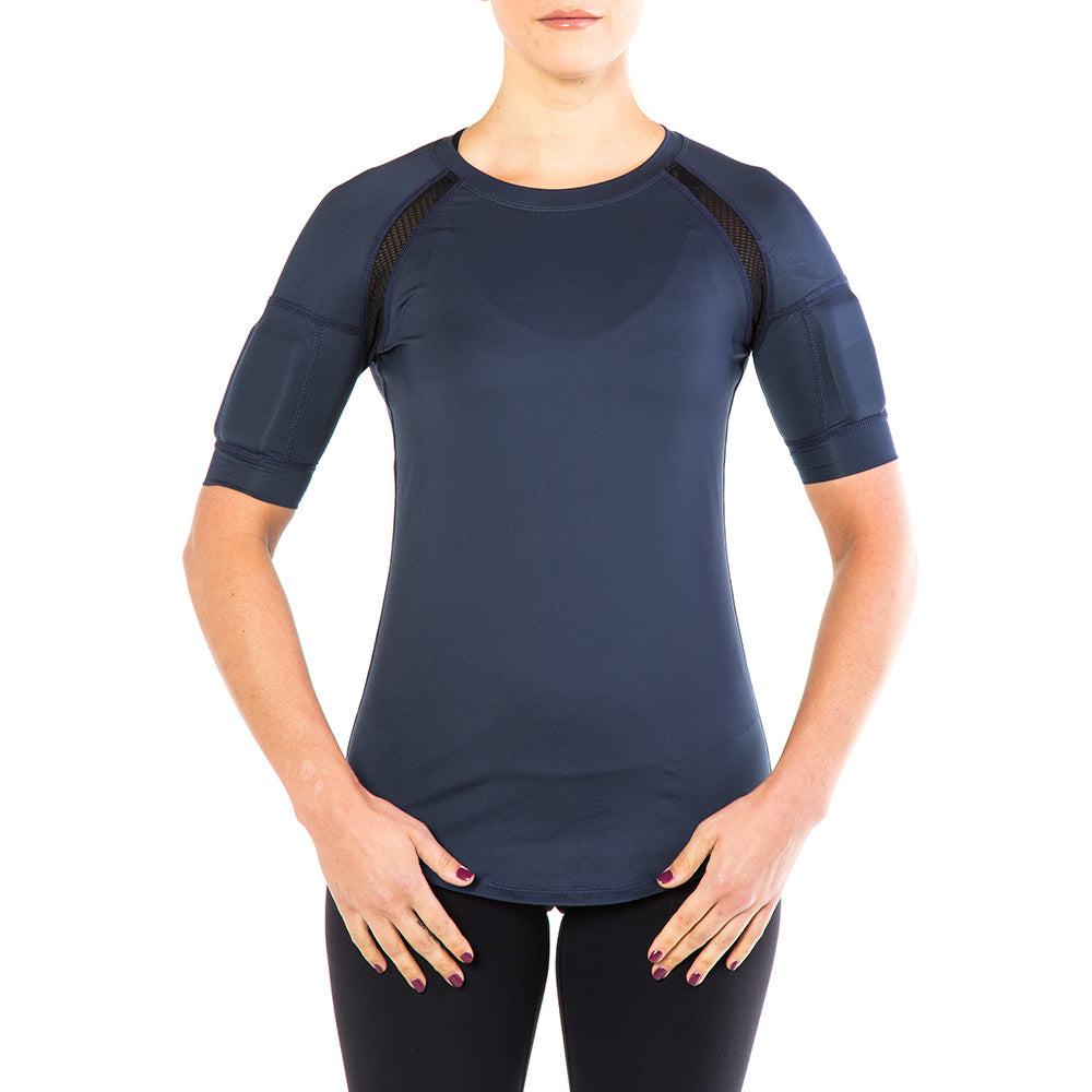 Women's CUT Weighted Compression Short Sleeve in navy front picture, showing black accent mesh from the collar to the armpit