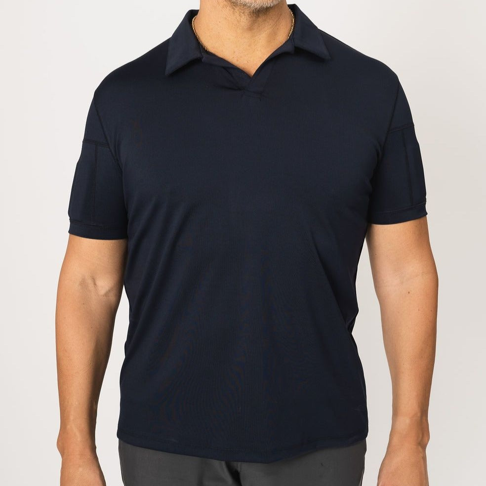 Man wearing the vneck collared polo in black with weights in the arms