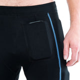 Men's CUT Weighted Compression Short in black showing up close picture of the built in cell phone pocket on the front left hip