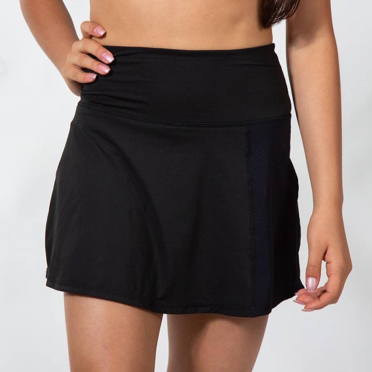 close up  front image of the skort, showing the high waist and black front flap
